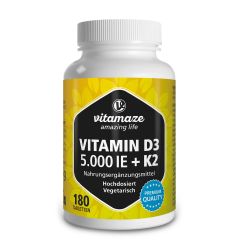 Vitamin D3 5000 IE + K2 100 µg hochdosiert (180 Tabletten)