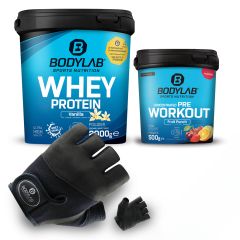 Pre Workout + Whey Protein Deal mit Handschuhen