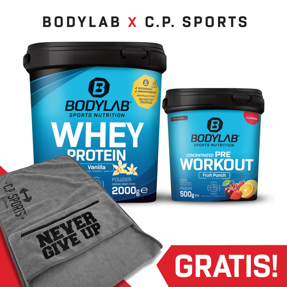 Bodylab24 Pre Workout + Whey Protein Deal met fitness handdoek