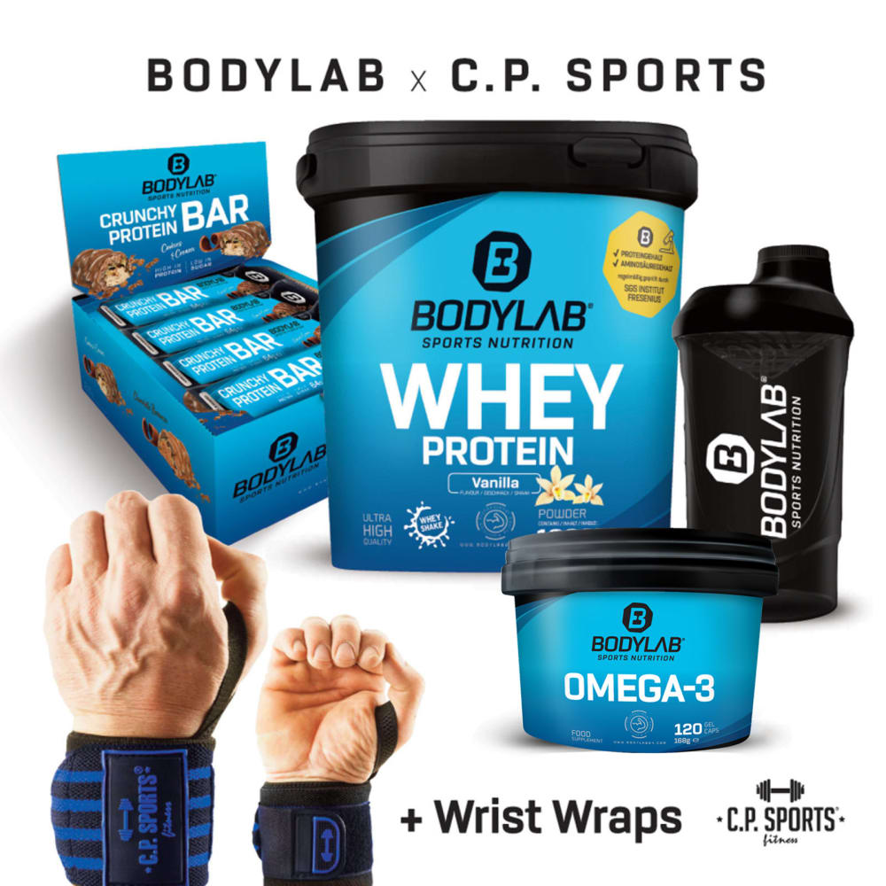 Bodylab24 1 x 1000g Whey Protein + Crunchy Protein Bar (12x64g) + Omega 3 TG (120 Kapseln) + BL24 Shaker + profesionele polsverbanden