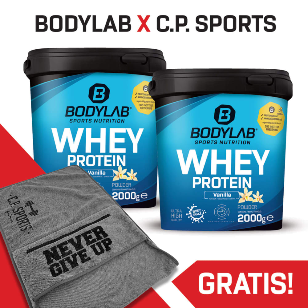 Bodylab24 2 x 2000g Bodylab24 Whey Protein + 1 x C.P. Sports fitness handdoek