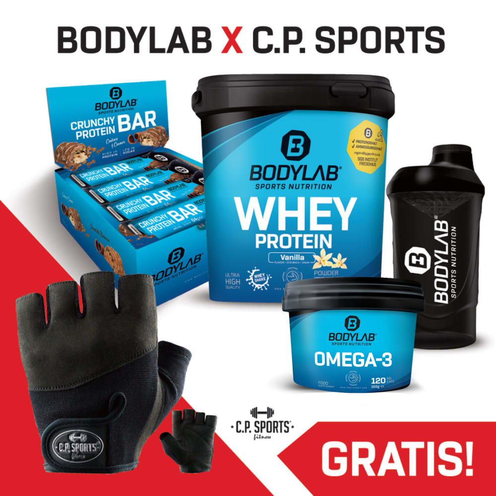 Bodylab24 1 x 1000g Whey Protein + Crunchy Protein Bar (12x64g) + Omega 3 TG (120 Kapseln) + BL24 Shaker + professionele handschoenen