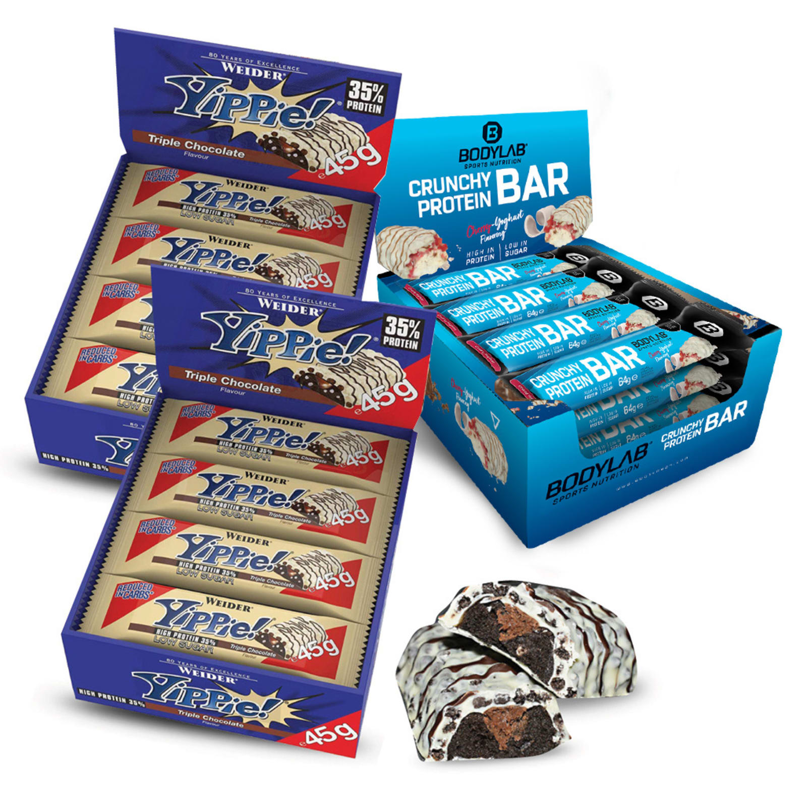 2 x Weider YIPPIE! Bar Triple Chocolate (12x45g) + 1 x Bodylab24 Crunchy Protein Bar (12x64g)