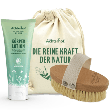 Körperlotion Naturkosmetik + Massagebürste mit Pflanzenfasern