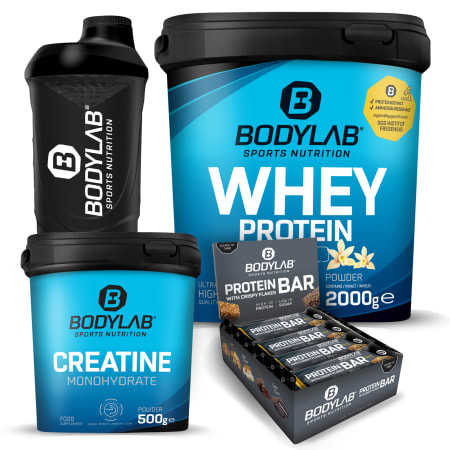 Whey Protein Vanille (2000g) + Creatine Powder (500g) + Crispy Protein Bar (12x65g) + gratis Shaker