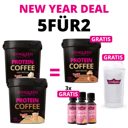 NEW YEAR DEAL: 5Für2 Protein Coffee mit GRATIS Potein Coffee, 3x Tasty Drops und Shaker