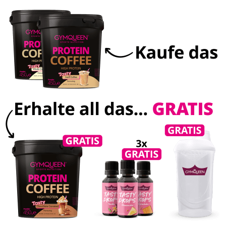 NEW YEAR DEAL: 5Für2 Protein Coffee mit GRATIS Potein Coffee, 3x Tasty Drops und Shaker