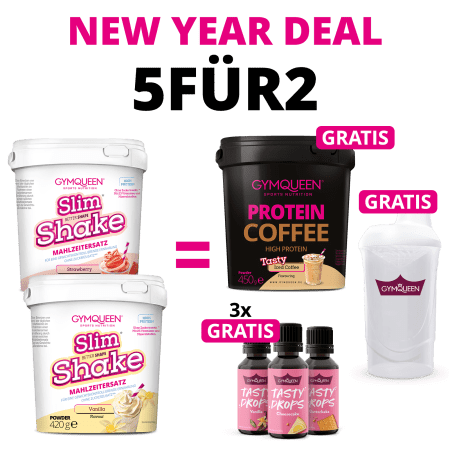 NEW YEAR DEAL: 5Für2 Abnehmpaket mit GRATIS Potein Coffee, 3x Tasty Drops und Shaker