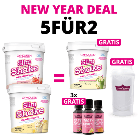 NEW YEAR DEAL: 5Für2 Abnehmpaket mit GRATIS Slim Shake, Tasty Drops und Shaker