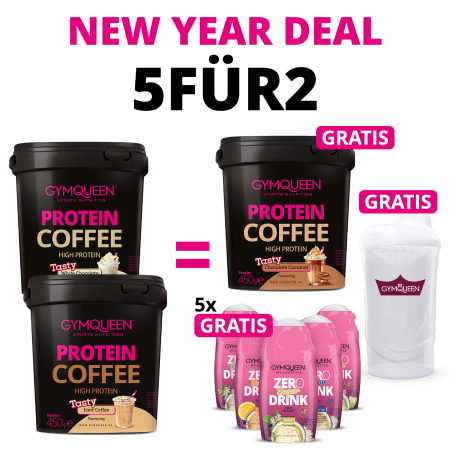 NEW YEAR DEAL: 5für2 Protein Coffee mit GRATIS Protein Coffee, Zero Sugar Drinks 5er Set & Shaker
