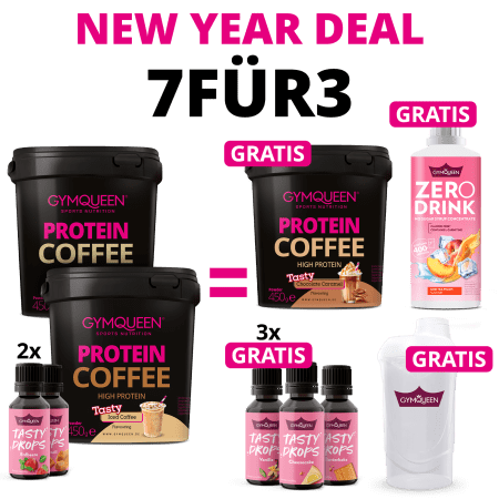 NEW YEAR DEAL: 7Für3 Protein Coffee und Tasty Drops mit GRATIS Protein Coffee, Zero Drink, 3x Tasty Drops und Shaker
