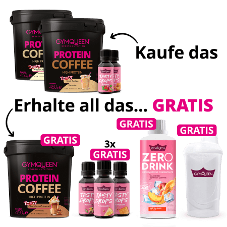 NEW YEAR DEAL: 7Für3 Protein Coffee und Tasty Drops mit GRATIS Protein Coffee, Zero Drink, 3x Tasty Drops und Shaker