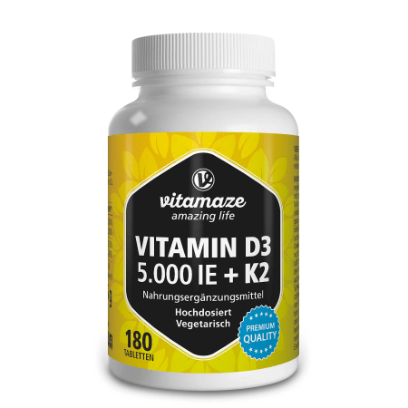 Vitamin D3 5000 IE + K2 100 µg hochdosiert (180 Tabletten)