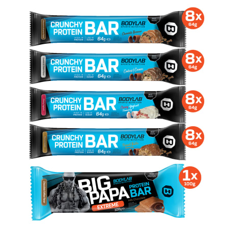 Crunchy Protein Bar MIX BOX (32x64g) + 1 GRATIS BIG PAPA Protein Bar Extreme - FLASH DEAL