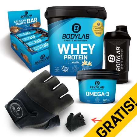 1 x 1000g Whey Protein + Crunchy Protein Bar (12x64g) + Omega 3 (120 Kapseln) + BL24 Shaker + handschoenen