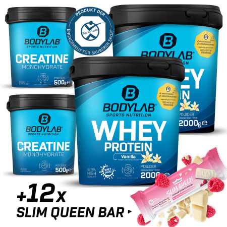 4 kg Whey Protein, 1 kg Kreatin + 12x60g GQ Slim Bars