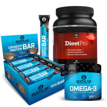Dieet Pro (500g) met Bodylab24 Crunchy Protein Bar & Omega-3 Kapseln