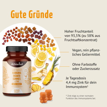 Saftgold Kurkuma Ingwer Gummies Apfel Mango + Zink (75 Stück)