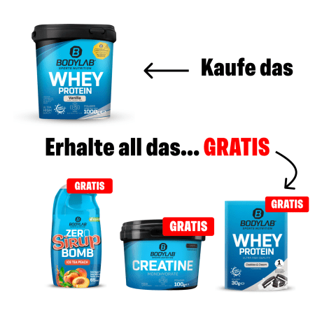 SECRET FLASHDEAL 4für1: Whey + GRATIS Creatine, Zero Sirup und Whey Probe