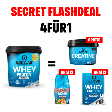 SECRET FLASHDEAL 4für1: Whey + GRATIS Creatine, Zero Sirup und Whey Probe