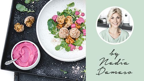 Süßkartoffel-Falafeln mit rassigem Aprikosen-Chutney und Randen-Hummus
