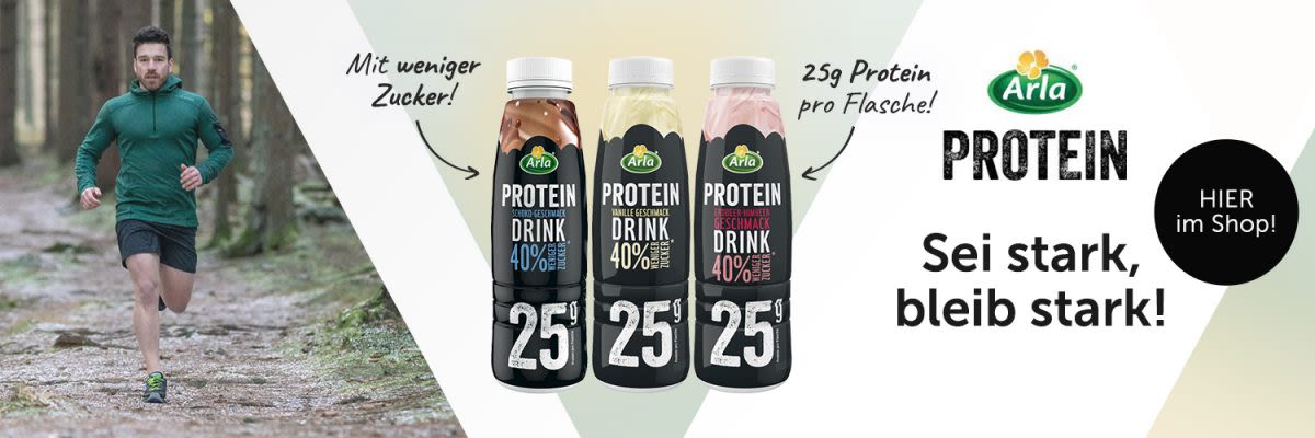 Arla Protein Drink. Schokolade, Vanille, Himbeer-Erdbeere.
