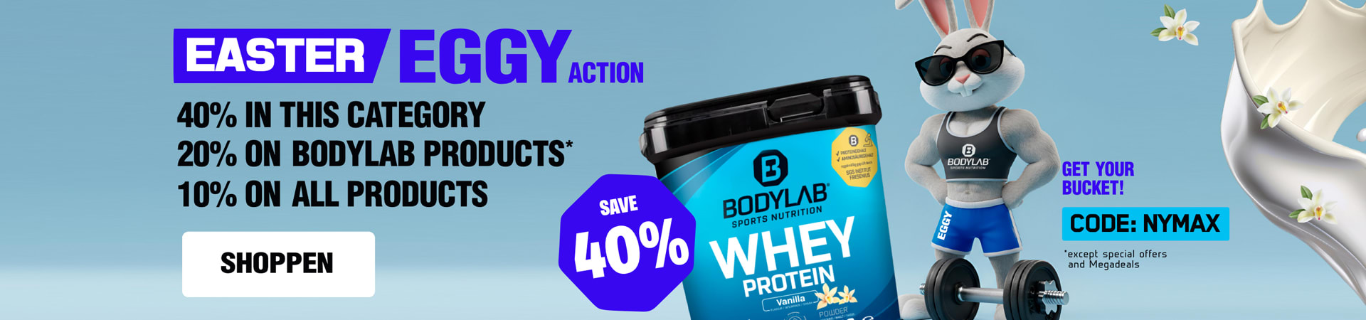 hellbrau-graues Banner mit Bodybuilder Osterhase und Whey Protein Box - dem Verweis auf 40% auf ausgewählte Produkte + Whey und 20% auf alle restlichen BL Produkte + 10% auf Fremdmarken