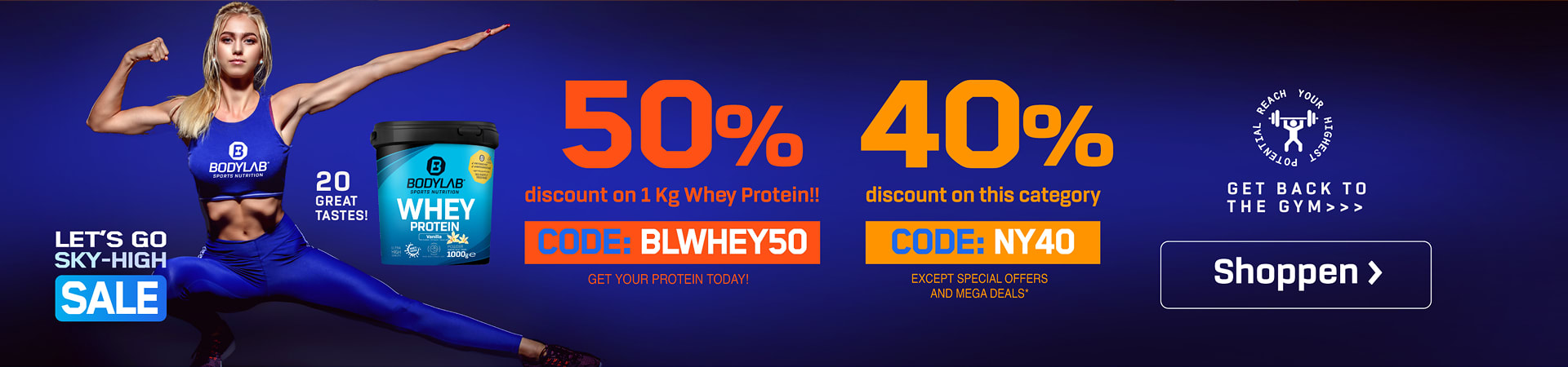 blaues Banner mit Athletin, einer Whey Dose und dem Verweis auf die beiden Angebote mit 50% auf Whey und bis 40% auf Bodylab Produkte