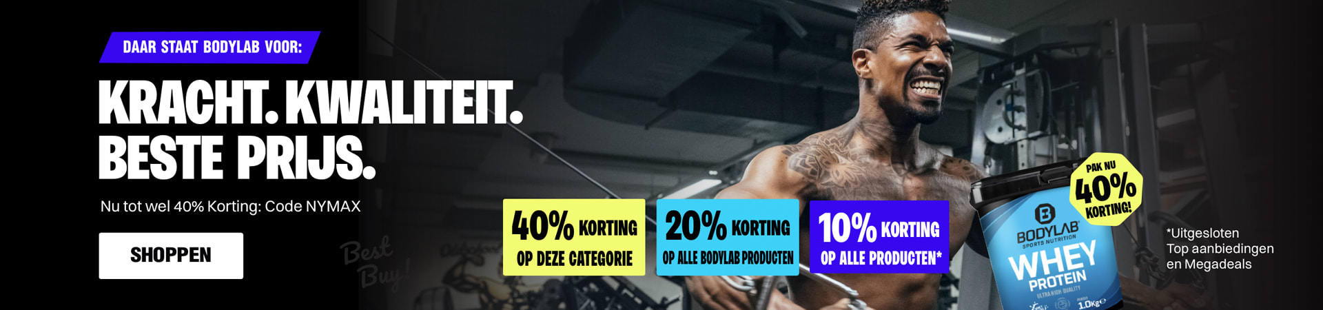 donkergrijze banner met GREG bij de training - de verwijzing naar 40% op geselecteerde producten + wei en 20% op alle andere BL-producten + 10% op merken van derden - kortingsinformatie in kleurrijke vakjes in het midden