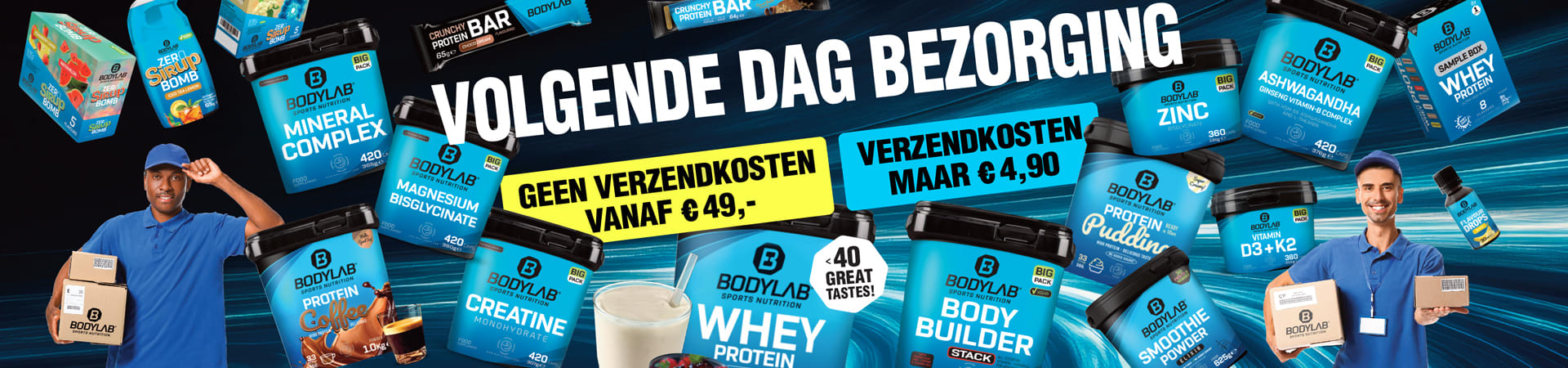 blauwe banner met diverse Bodylab producten en de verwijzing naar levering indien besteld voor 15:00 de volgende dag en geen verzendkosten vanaf 49€