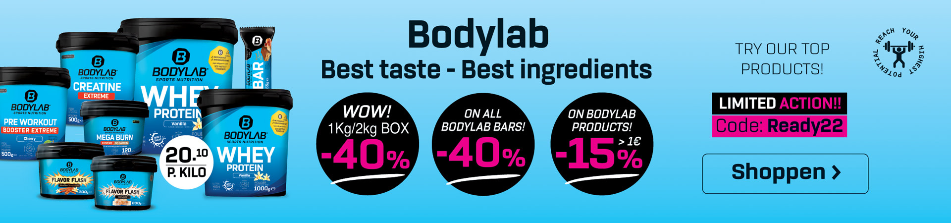 blauwe banner met de link naar het aanbod voor Whey, Bars en andere producten van Bodylab