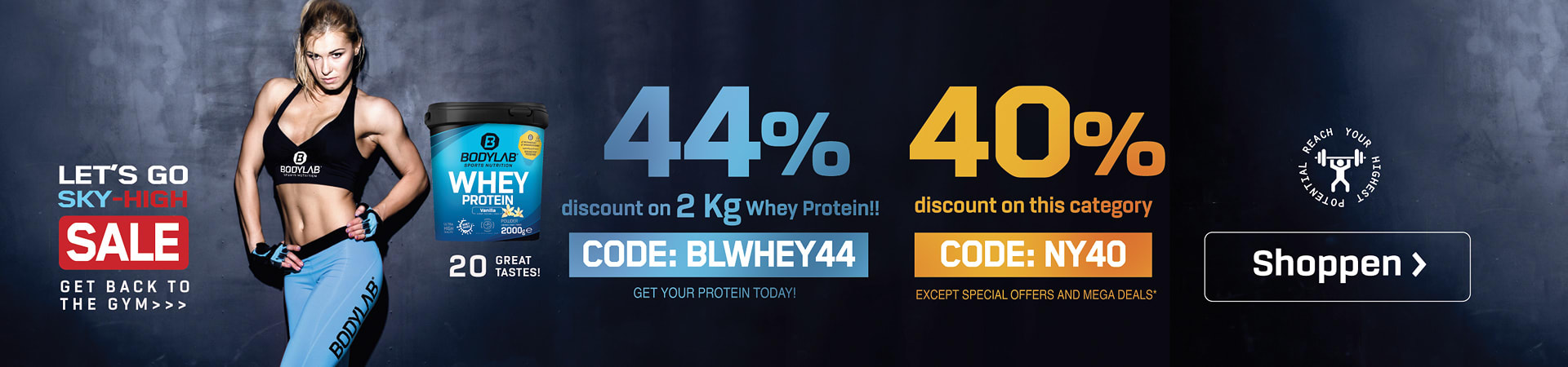 blauwe banner met een vrouwelijke atleet en een verwijzing naar de twee aanbiedingen met 44% korting op whey 2kg en tot 40% korting op Bodylab-producten