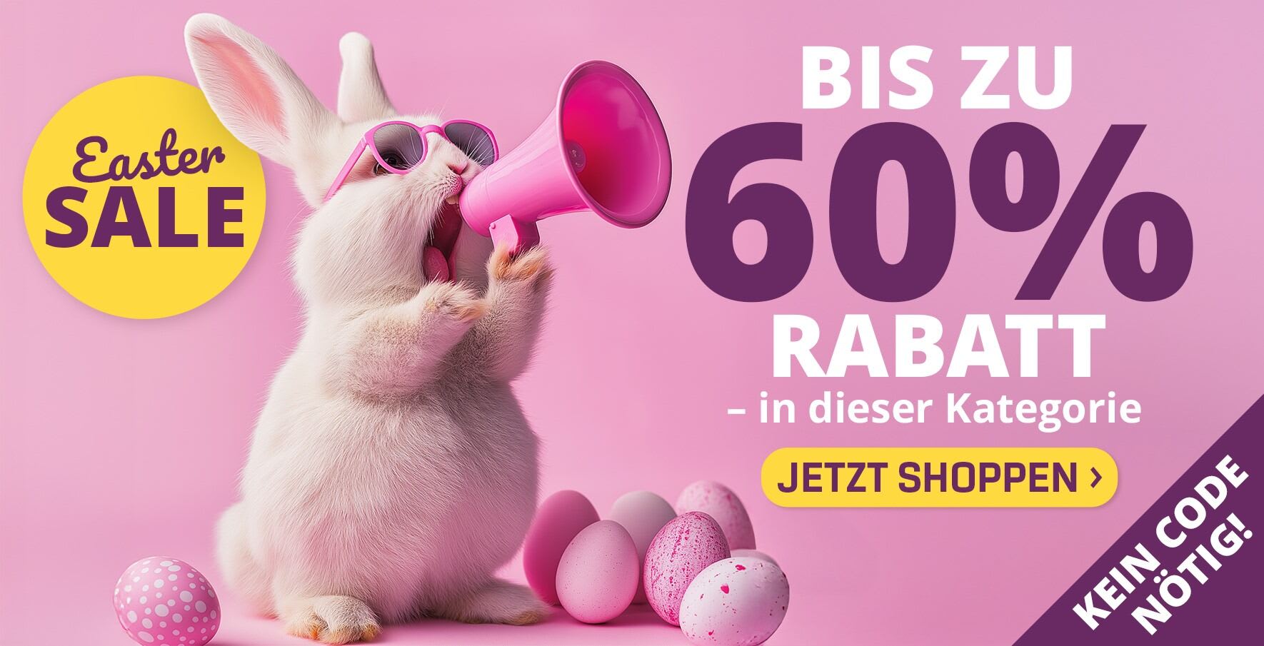 rosa Banner mit rosafarbenem Osterhasen und rosa Ostereiern mit dem Verweis auf das Rabattangebot bis 60& und mehr auf ausgewählte Bodylab und Gynqueen Produkte