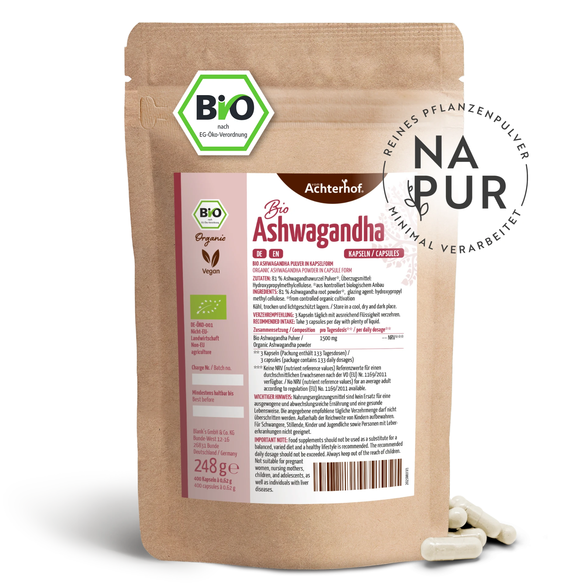 Ashwagandha Kapseln Bio Nachfüllpack (400 Kapseln) depicted