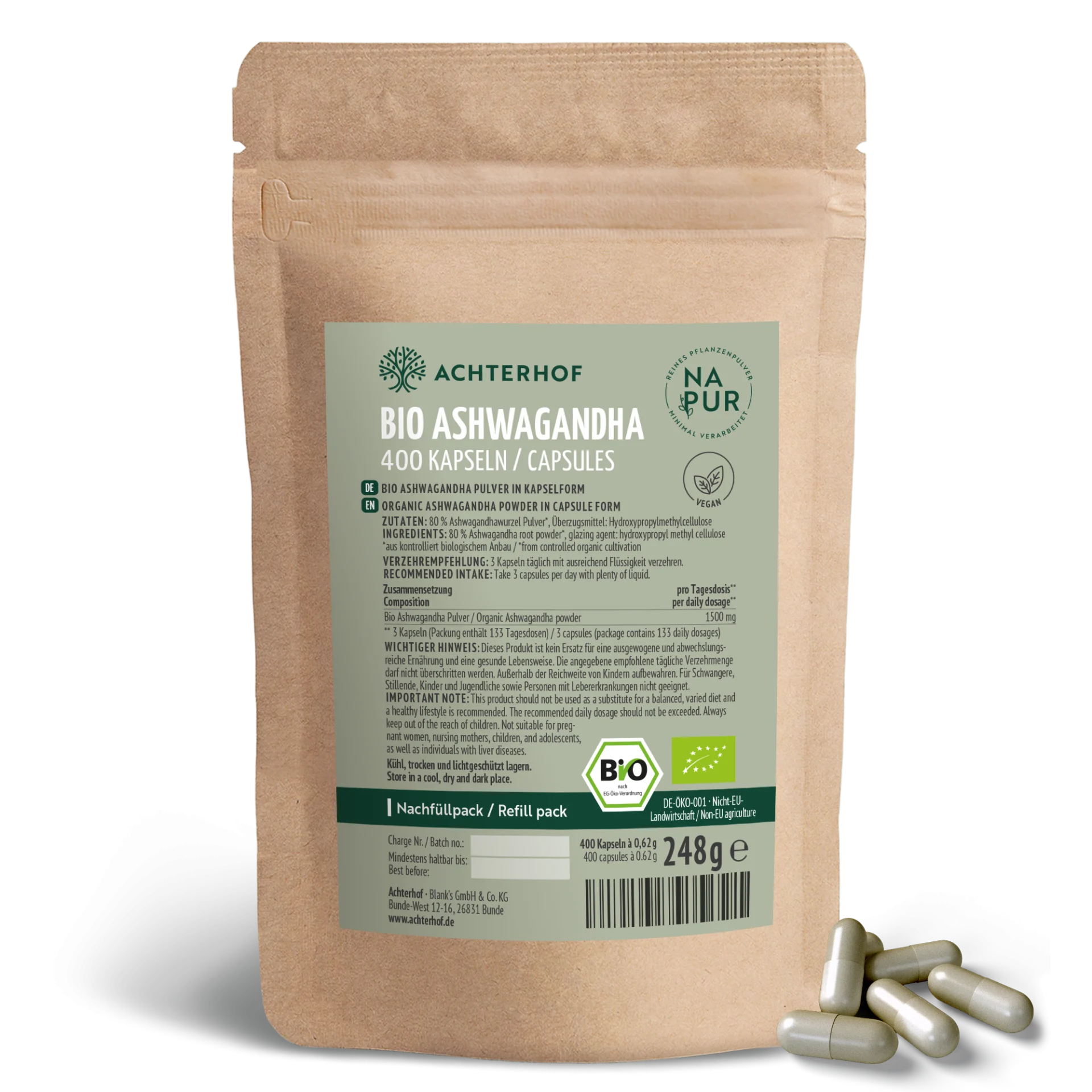 Bio Ashwagandha Kapseln Nachfüllpack (400 Kapseln) depicted