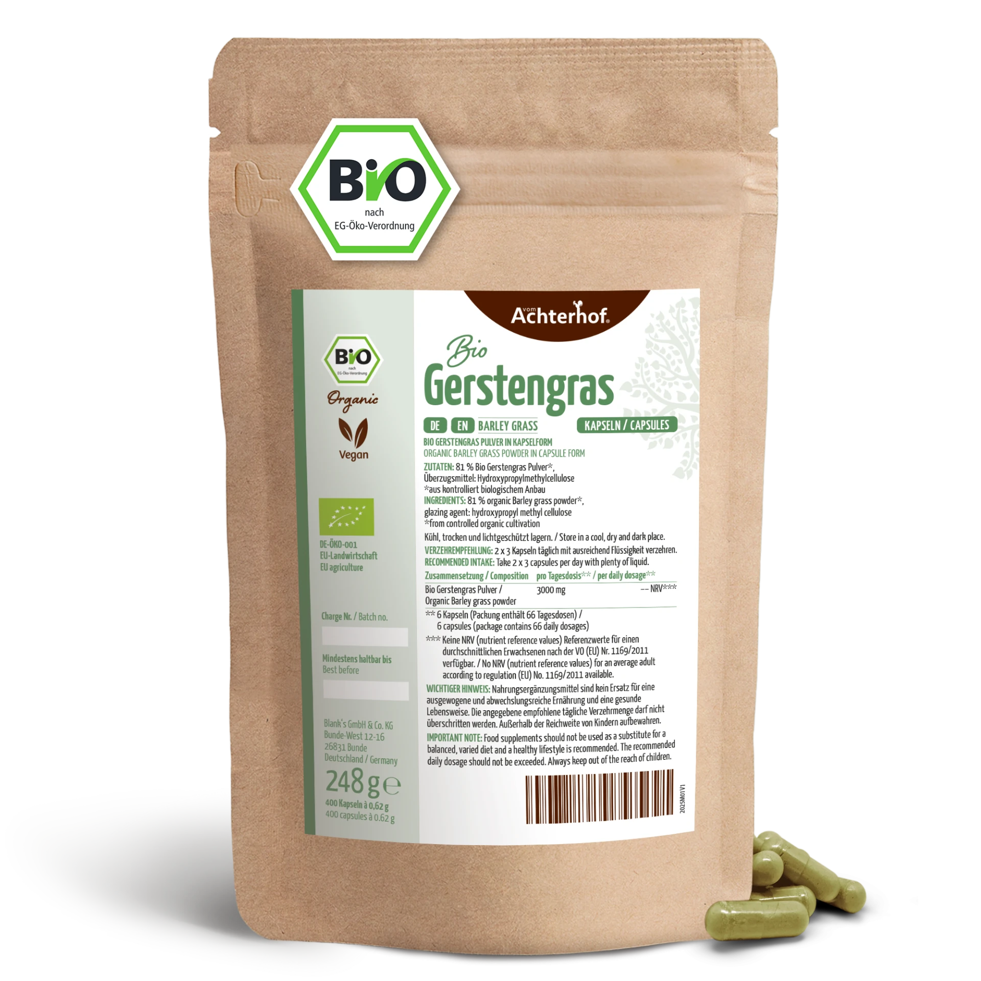 Bio Gerstengras Kapseln Nachfüllpack (400 Kapseln) depicted