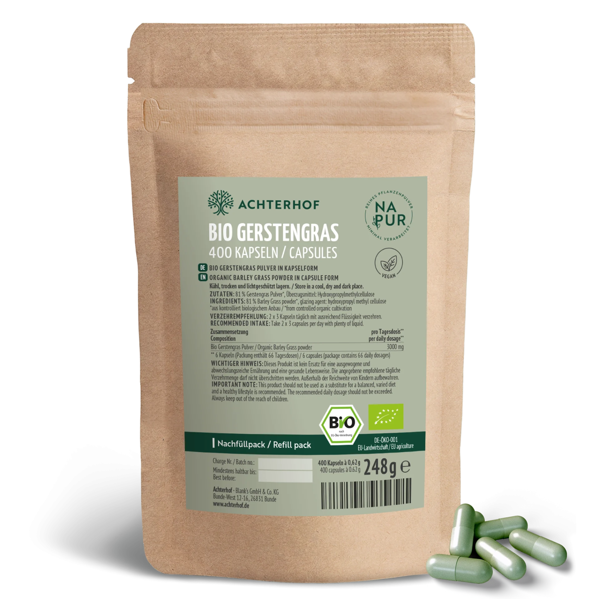 Bio Gerstengras Kapseln Nachfüllpack (400 Kapseln) depicted