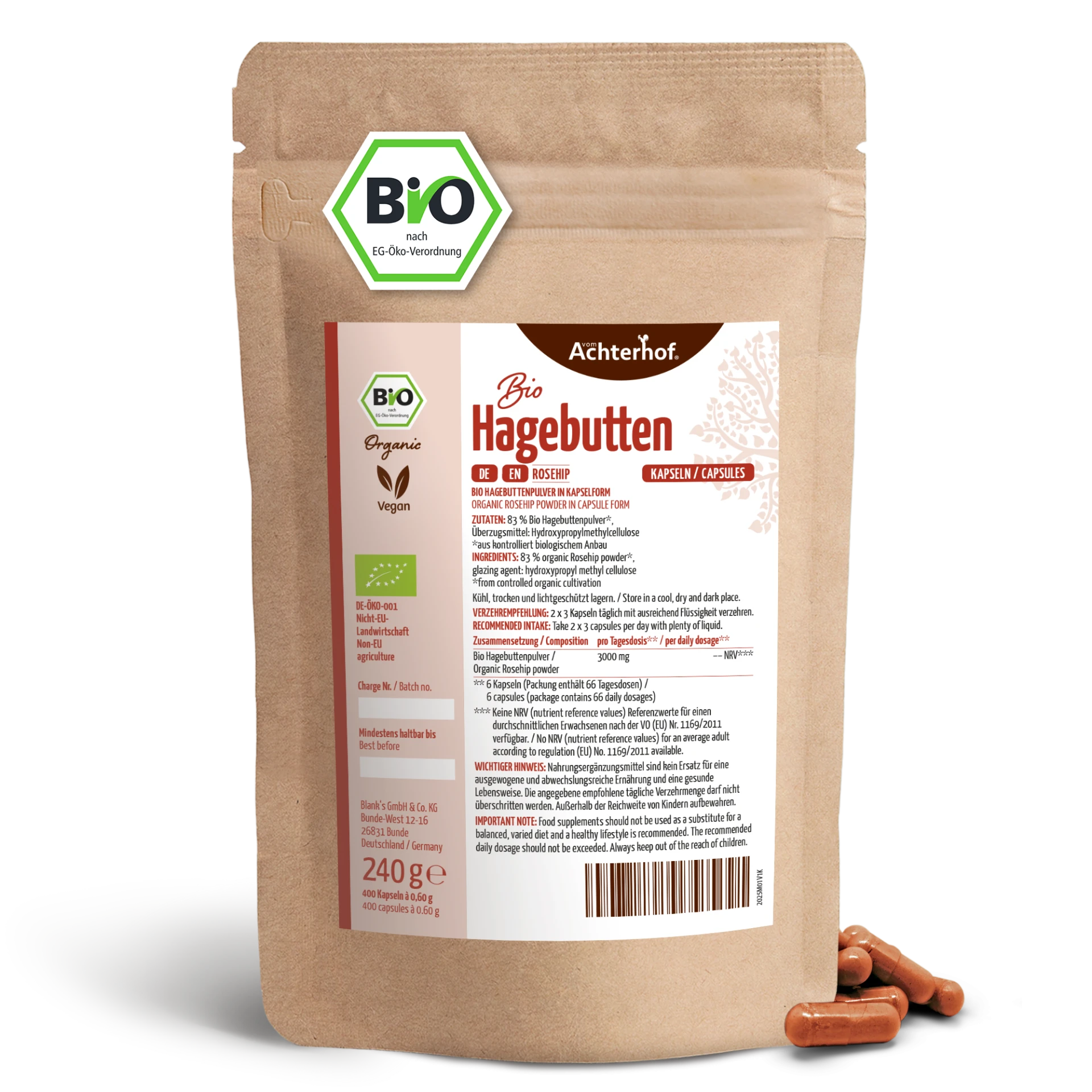 Bio Hagebutten Kapseln Nachfüllpack (400 Kapseln) depicted