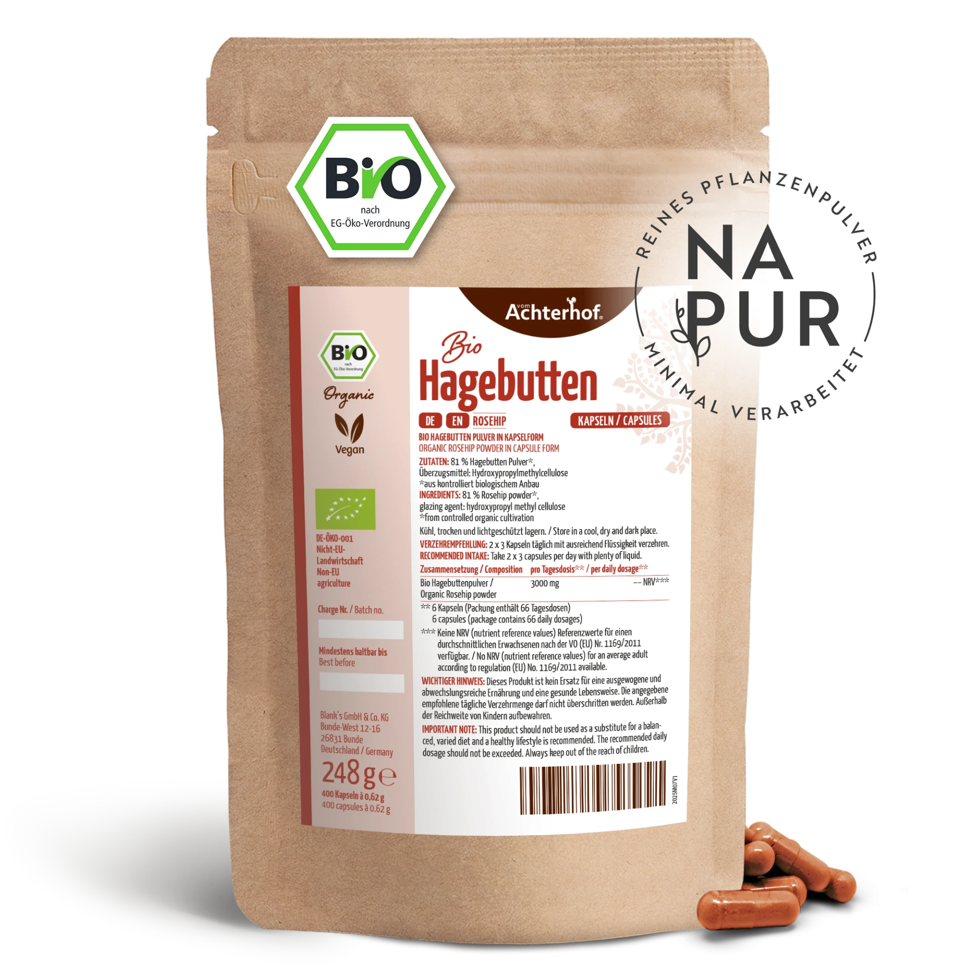 Bio Hagebutten Kapseln Nachfüllpack (400 Kapseln) depicted