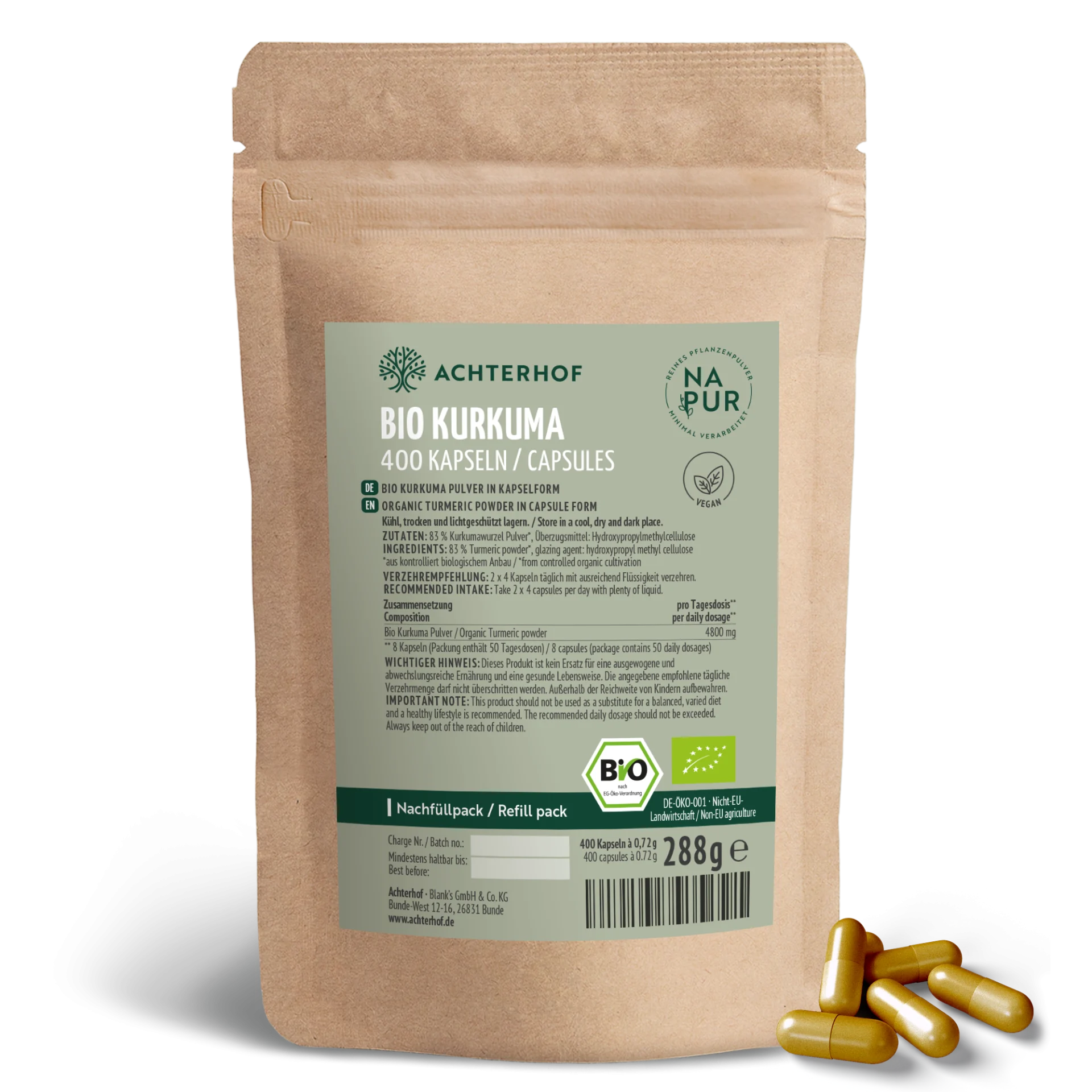 Bio Kurkuma Kapseln Nachfüllpack (400 Kapseln) depicted