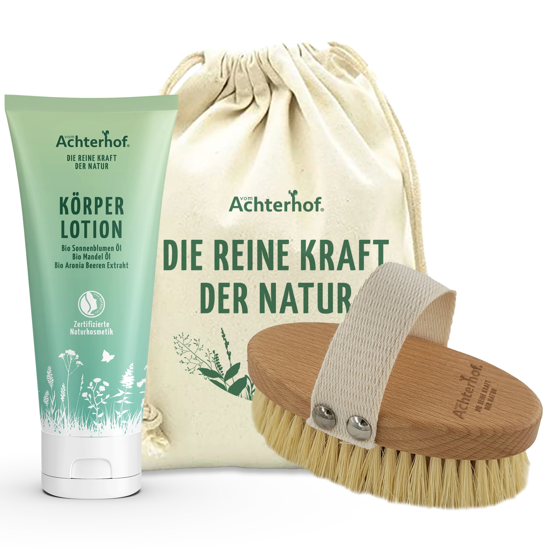 Körperlotion Naturkosmetik + Massagebürste mit Pflanzenfasern depicted