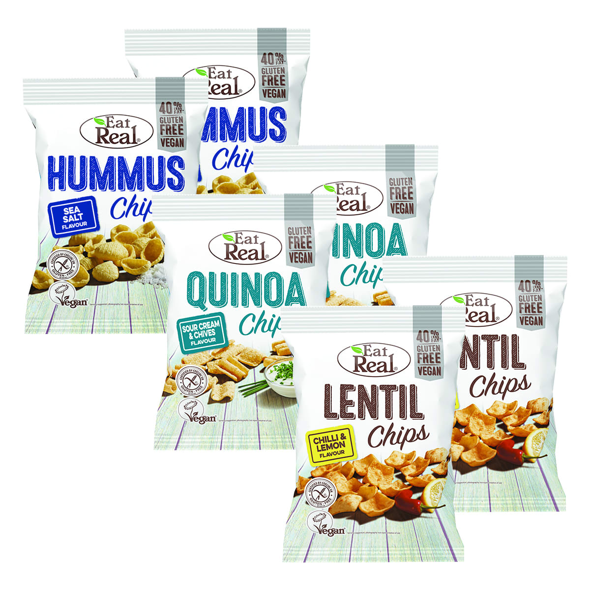 Eat Real 2 x Quinoa Chips Sour Cream & Chives (2x113g) + 2 x Lentil Chips Chilli & Lemon (2x113g) + 2 x Hummus Chips Sea Salt (2x135g)
